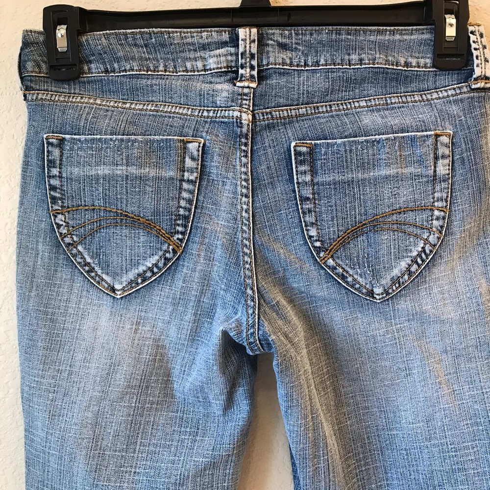 Decree Distressed Etched Acid Washed Skinny Jeans Size 7 Low Rise Denim Blue - Picture 5 of 7